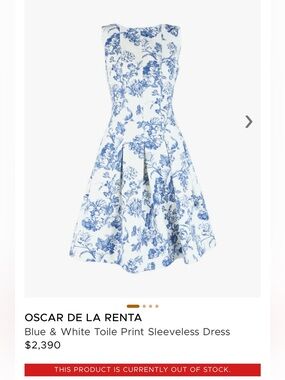 $2,400 OSCAR DE LA RENTA 
Toile Floral Blue and White Sleeveless Dress